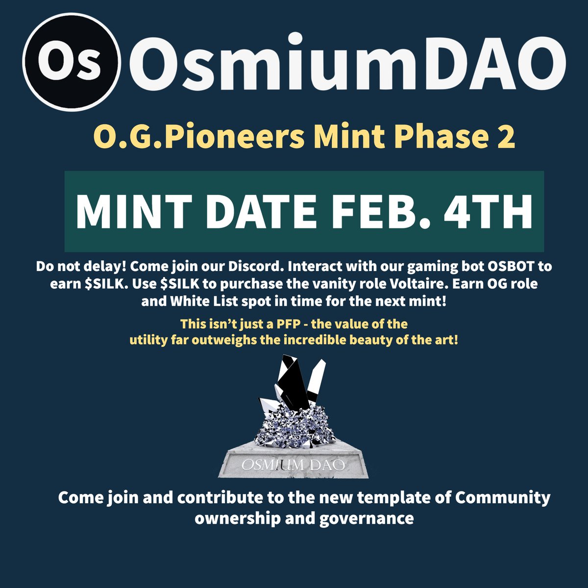 OsmiumDAO_'s tweet photo. Our next phase of OG Mint date is finalized and set.

Date: FEB 4TH. 
Quantity: 250

Join our Discord for more details. 
https://t.co/Cc9YsdxULc https://t.co/65oPp3qAFY
