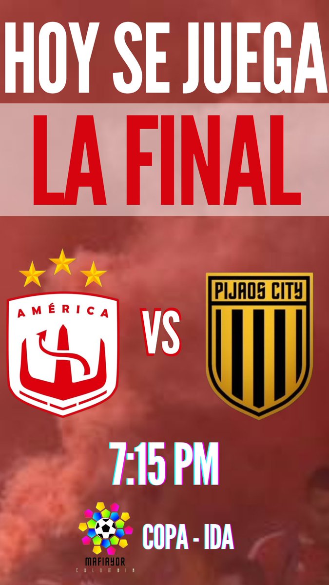 ¡Hoy juega el rojo <a href="/America_FCc/">América FC</a>!📢

EN LA IDA DE LA FINAL DE COPA <a href="/LigaMafiayor/">Liga Kipsta Mafiayor. 🇨🇴</a> de la 1ra temporada.🚨

Recibimos a <a href="/PlJAOS/">#MiPijaos 🟡</a>
🕐19:15🇨🇴21:15🇦🇷01:15🇪🇦
🏟 La Caldera Stadium🔥
📺 Twitch.tv/Liga_Mafiayor

¡A darlo todo, por un título más!🌟

#SentimientoEscarlata👹
#VamosAmérica⭐️⭐️⭐️