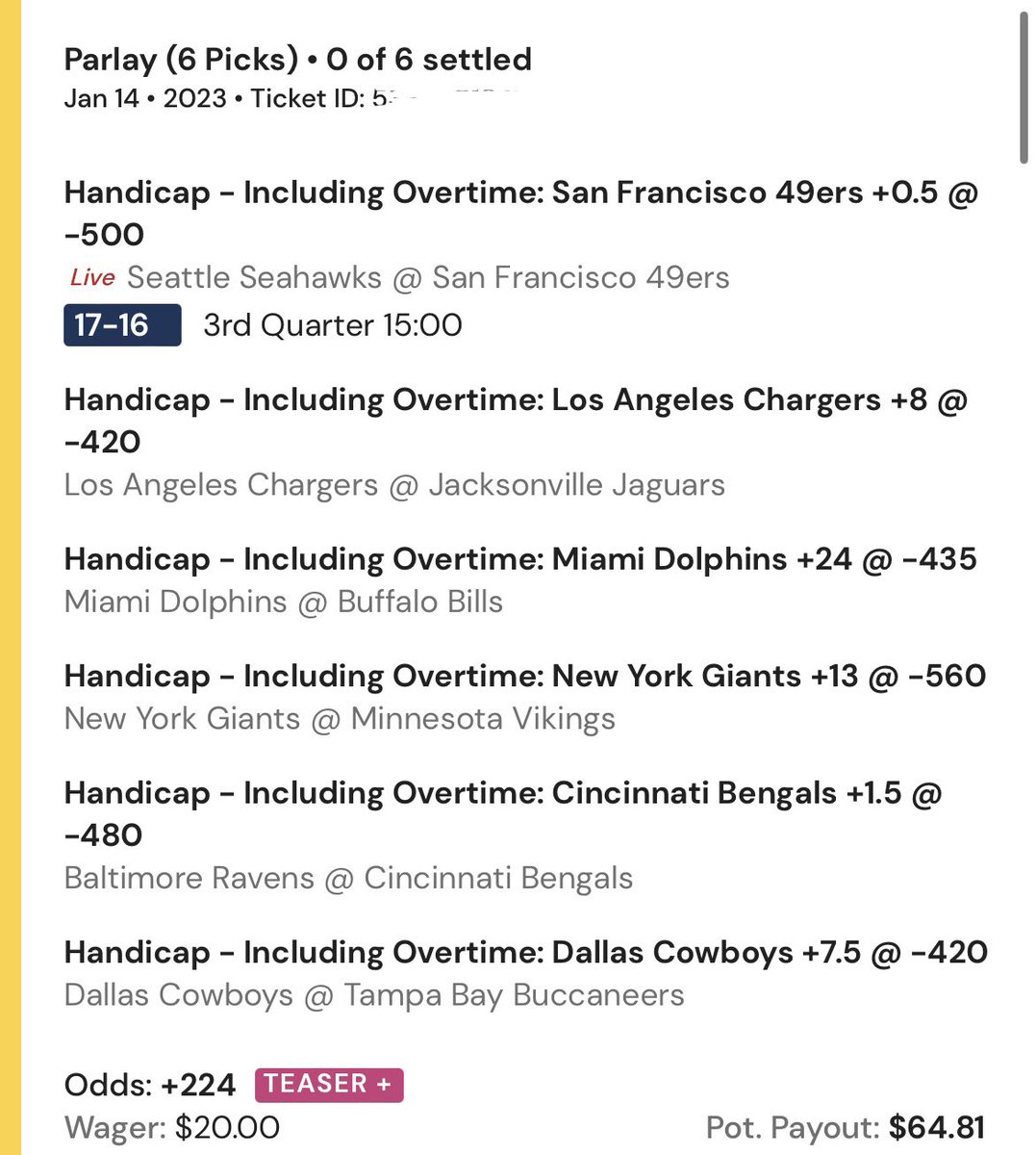 GamblorProfits's tweet photo. The #49ers losing would be a less than ideal way to kick off my Super Wild Card Teaser play.

#GamblingTwitter #NFLPlayoffs #NFLGambling https://t.co/HN1WsBB16c