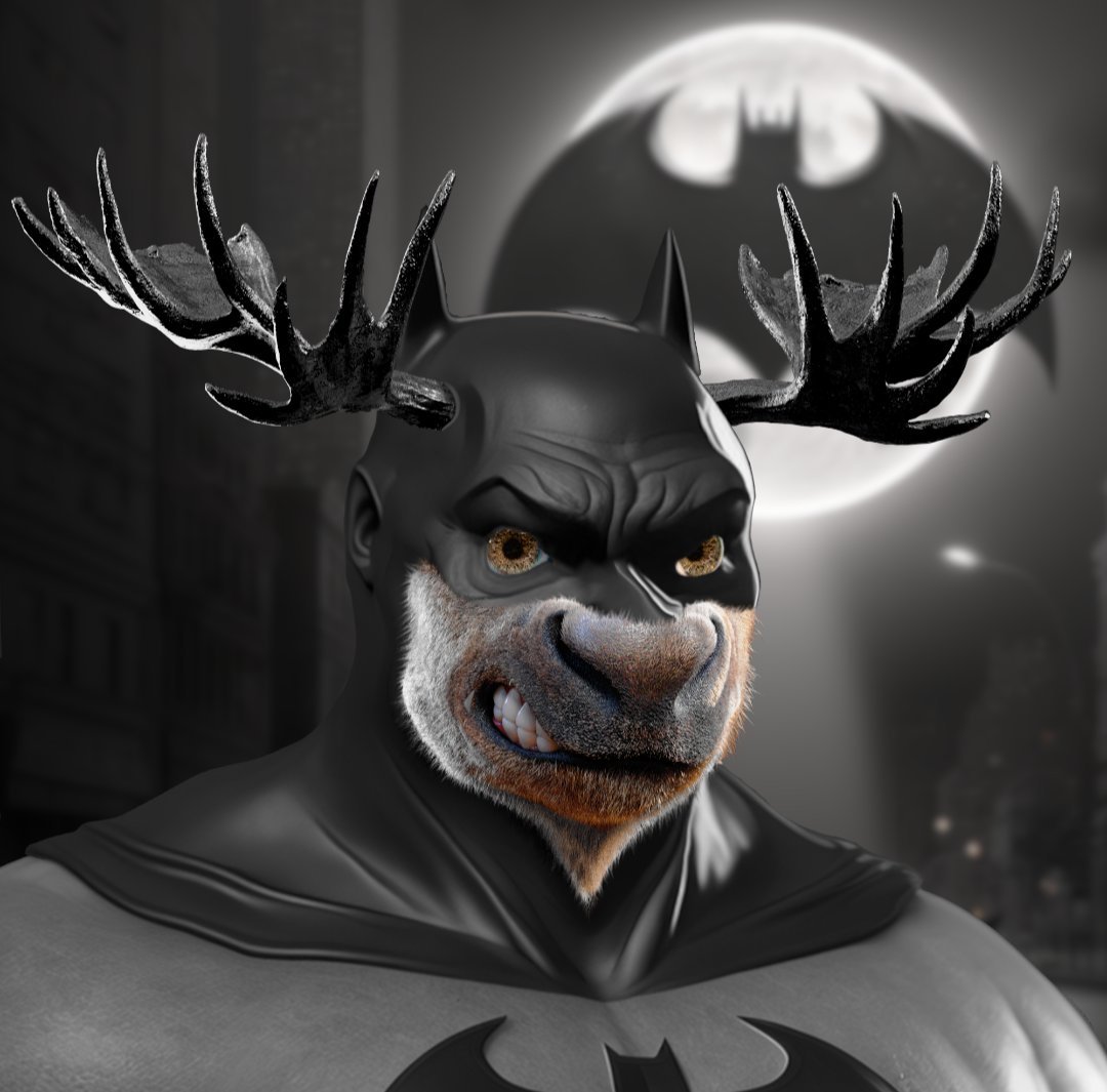 OGLarz4Riehl's tweet photo. @xmoosenft For .2 ETH you can be the proud owner of Gotham's Dark Knight. Or any person or character of your choice. Come join our Discord and write a ticket and our artists will make you a bespoke custom 3-D moose version of them. #XMoose #NFT #NFTshill #NFTartists https://t.co/fvTzjBVsj2