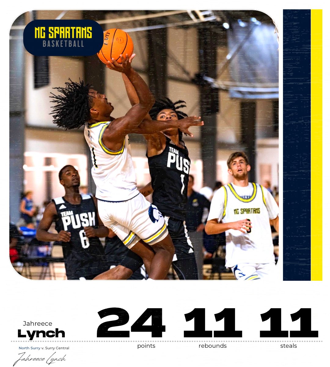 <a href="/JahreeceL/">jahreece lynch</a> did something that hasn’t been reported in Surry County since 2014. TRIPLE-DOUBLE with 24 points, 11 rebounds, and 11 steals!

Lynch is having an incredible senior season and continues to stuff the stat sheet for <a href="/NorthSurryMBB/">North Surry High School Men’s Basketball</a>!

#NCSpartans #LikeASpartan