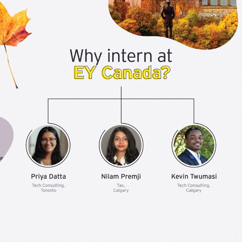 EYCanada's tweet photo. Hear from three of our interns, Priya, Nilam and Kevin about why they chose #EYCanada for their internship. Tap the cards to see how our supportive and inclusive culture enables students to make an impact before they even join us. 🔍
#EYIntern #BetterWorkingWorld