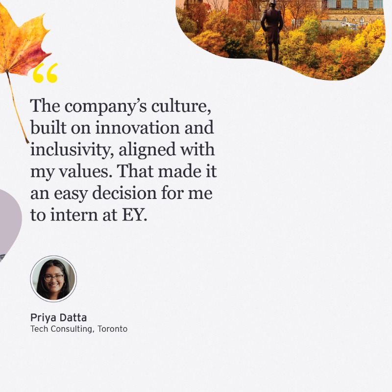 EYCanada's tweet photo. Hear from three of our interns, Priya, Nilam and Kevin about why they chose #EYCanada for their internship. Tap the cards to see how our supportive and inclusive culture enables students to make an impact before they even join us. 🔍
#EYIntern #BetterWorkingWorld