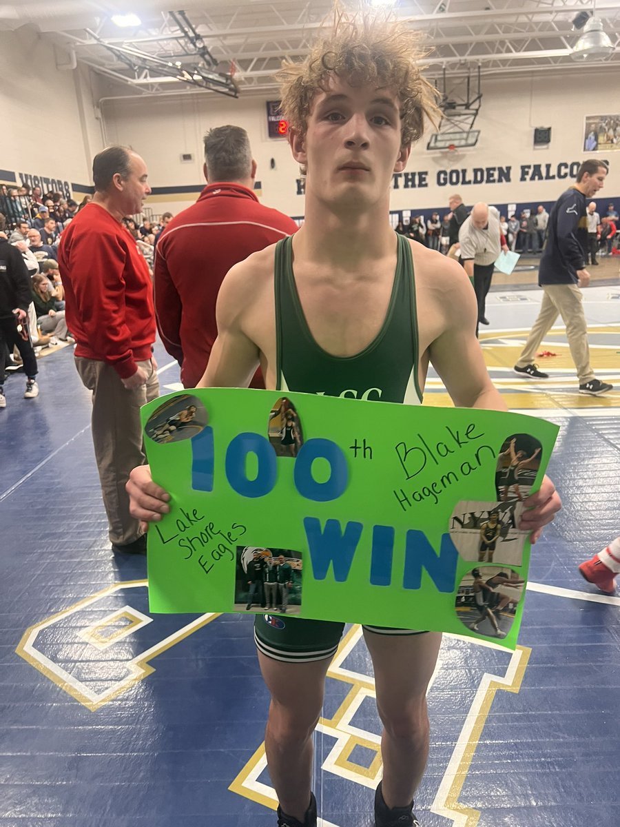 Congratulations to Blake Hageman on his 100th win! He faces off against J. Joslyn of Chautauqua Lake in the finals of the Falconer Tournament. Go Eagles! <a href="/AthleticsLSC/">Lake Shore Athletics</a>