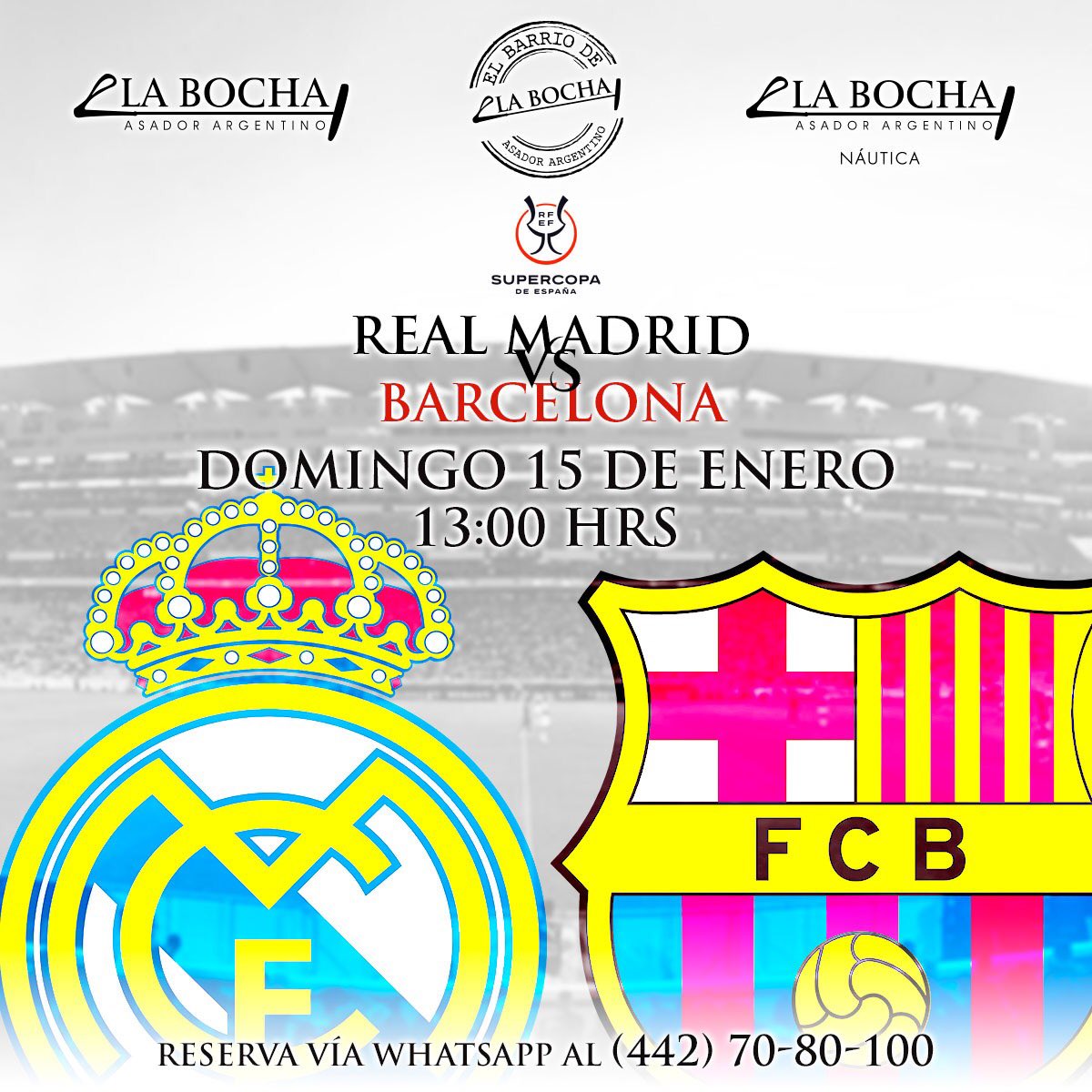 LaBochaQro's tweet photo. El partido QUE NO TE PUEDES PERDER obviamente en el #BochaTime.

Reserva ya mismo al WhatsApp (442) 70-80-100 y disfruta con nosotros de #LaSuperCopa de España.

#labocha #restaurantesqueretaro #qro #asadorargentino #supercopaespañola #dondeverelpartido #barcelona #realmadrid https://t.co/S3D0MlN4gL