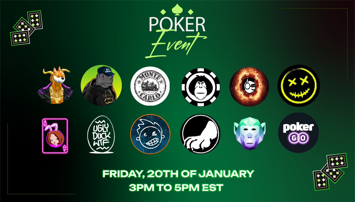 Teach Em Turtles(Minting Live) (@teachemturtles) on Twitter photo Poker Event on Friday, January 20th
Excited to invite, <a href="/ApeInPoker/">Ape In Poker</a> @GamblinMfers <a href="/Uglyduckwtf/">UglyDuck.wtf</a> <a href="/PokerGO/">PokerGO</a> <a href="/BONKBullsNFT/">$BONK Bulls</a> <a href="/Orangutans_NFT/">Gambling Orangutans ππ¦§</a> <a href="/FreshBoyzClub_/">FreshBoyzClub π₯Ά</a> <a href="/HunnyPoker/">HunnyPoker</a> <a href="/MonteCarlo1865/">ClubMonteCarlo | Currently Minting</a> <a href="/TheClownTownNFT/">Clown Town</a> and <a href="/lionsdenpoker/">Lions Den Poker Club π¦ WildSide // MINTING NOW π¦</a>
join discord for more details!
#NFTCommunity #NFTs #WLspots Poker Event on Friday, January 20th
Excited to invite, <a href="/ApeInPoker/">Ape In Poker</a> @GamblinMfers <a href="/Uglyduckwtf/">UglyDuck.wtf</a> <a href="/PokerGO/">PokerGO</a> <a href="/BONKBullsNFT/">$BONK Bulls</a> <a href="/Orangutans_NFT/">Gambling Orangutans ππ¦§</a> <a href="/FreshBoyzClub_/">FreshBoyzClub π₯Ά</a> <a href="/HunnyPoker/">HunnyPoker</a> <a href="/MonteCarlo1865/">ClubMonteCarlo | Currently Minting</a> <a href="/TheClownTownNFT/">Clown Town</a> and <a href="/lionsdenpoker/">Lions Den Poker Club π¦ WildSide // MINTING NOW π¦</a>
join discord for more details!
#NFTCommunity #NFTs #WLspots