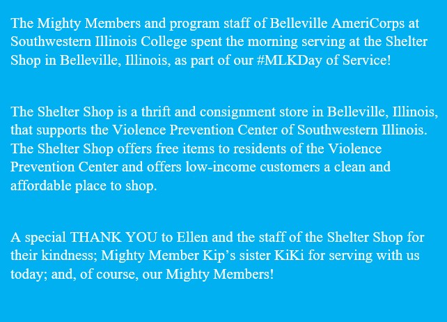 SWICedu's tweet photo. To learn more about the Violence Prevention Center of Southwestern Illinois & The Shelter Shop, visit https://t.co/PLURrsmQef
To learn more about Belleville AmeriCorps, visit: https://t.co/68YFYESBuG
#AmeriCorps #BellevilleIL #SWICedu #ServeIL #MLKDayofService https://t.co/miDsvRapNn