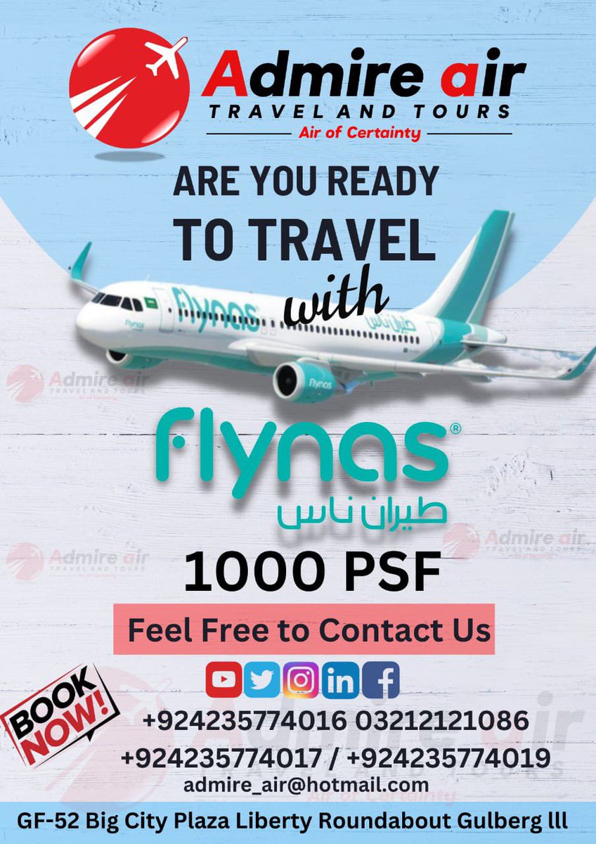 Admire_Air's tweet photo. Biggest Offer for Traveller Normal Service Charges no other Hidden Charges #flynas #traveller #tour #tickets #admireairtravel https://t.co/NrUADUlQmq
