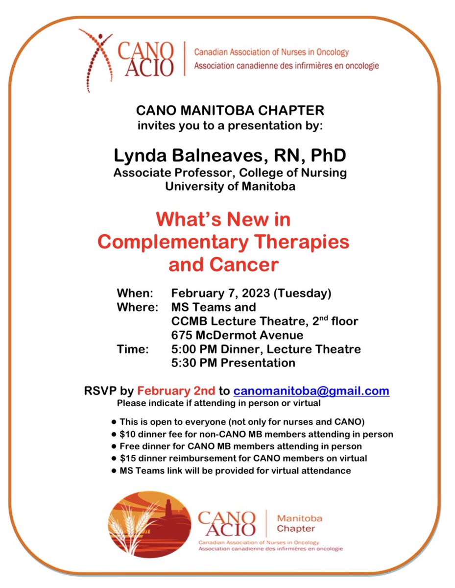 CANO_ACIO_MB's tweet photo. Join us for a presentation on Feb. 7th, for a very special presentation:

“What’s New in Complimentary Therapies and Cancer” with Dr. Lynda Balneaves 

#Oncology #OncologyNursing #Nursing @CANO_ACIO @CancerCareMB @SharedHealthMB @LyndaBalneaves https://t.co/RsYqW3xU5s