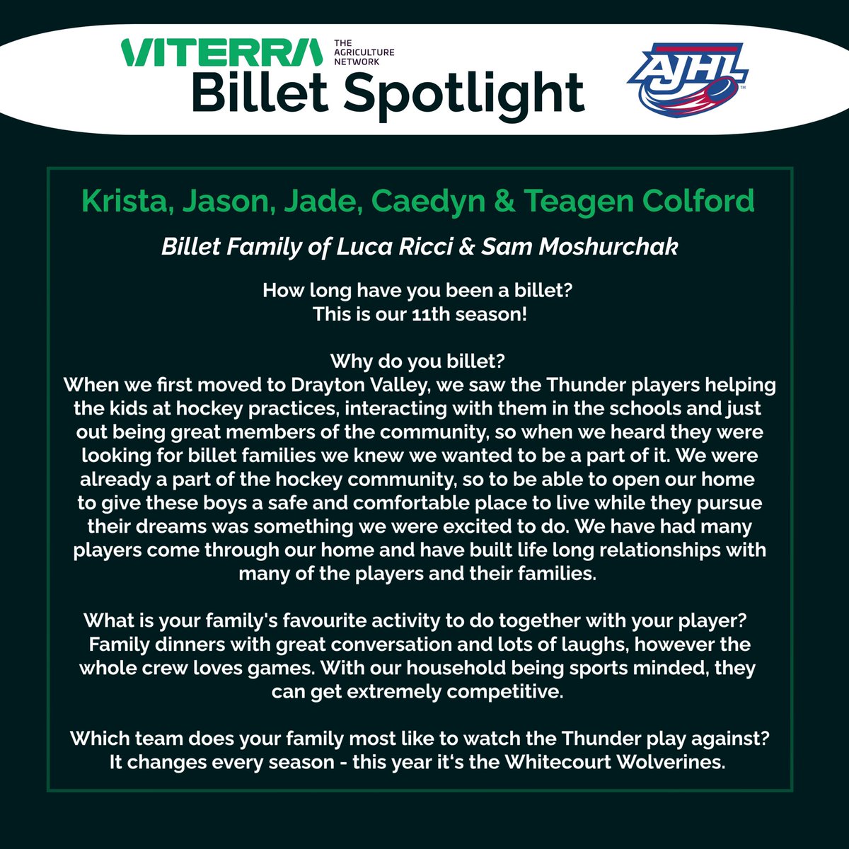 TheAJHL's tweet photo. Today’s @ViterraCanada AJHL Billet Spotlight is the Colford Family, home to @DVThunder players Luca Ricci &amp; Sam Moshurchak.  Thank you for 11 years as a billet family Krista, Jason, Jade, Caedyn &amp; Teagen! https://t.co/SB4SifYamx