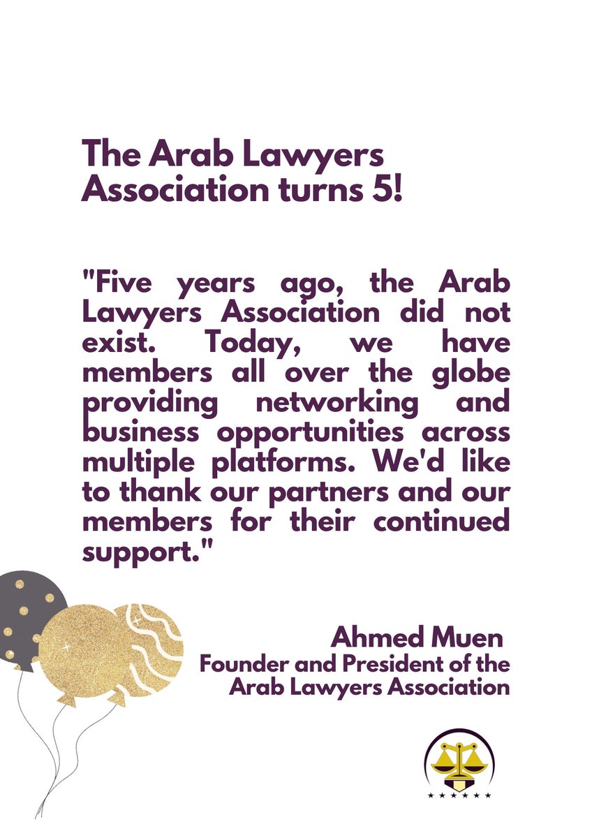 Happy 5th Birthday to the Arab Lawyers Association 🎂 Thank you for your continued support. Watch this space for our upcoming events!