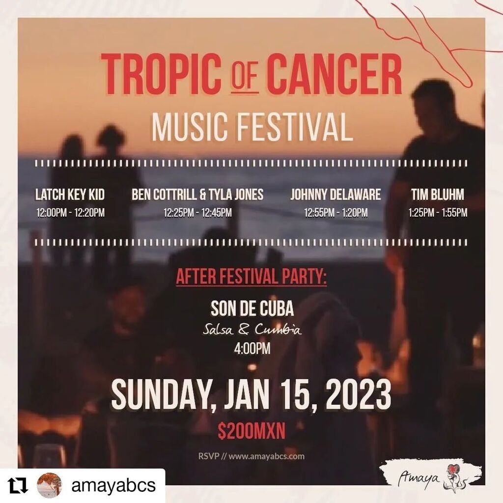 Sunday January 15th we welcome Tropic of Cancer Music Festival to host an artist showcase at Amaya from 12pm-2pm.

@amayabcs 

After the showcase, spend the day with us at the beach for 3 sets by Son De Cuba, a 6 piece Salsa /Cumbia band from San Jose De… instagr.am/p/CnaMEJ5SQcd/