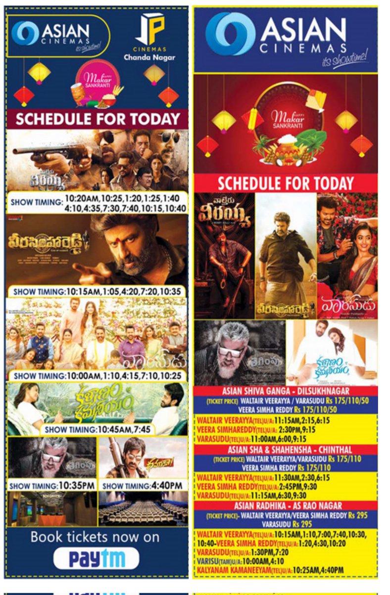 PrakazVijay_Of's tweet photo. 🎞📽 #AsianCinemas | #CineTown | #AmbCinemas | #MukthaCinemas TODAY 'Show Timings' Of #Vaarasudu . https://t.co/mov4sSDW27