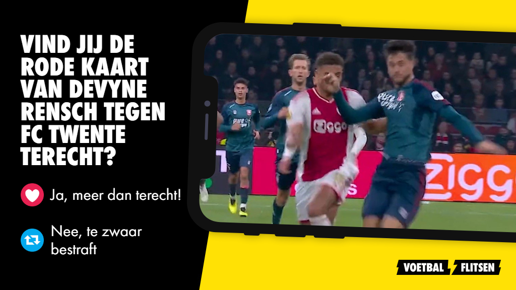 FCVideoNED's tweet photo. Oordeel zelf maar: vind jij de rode kaart van Devyne #Rensch tegen FC Twente terecht of niet?🤔👇 #ajatwe 

Lees meer: https://t.co/VmZKYsJYYM https://t.co/5yjBCmW31s