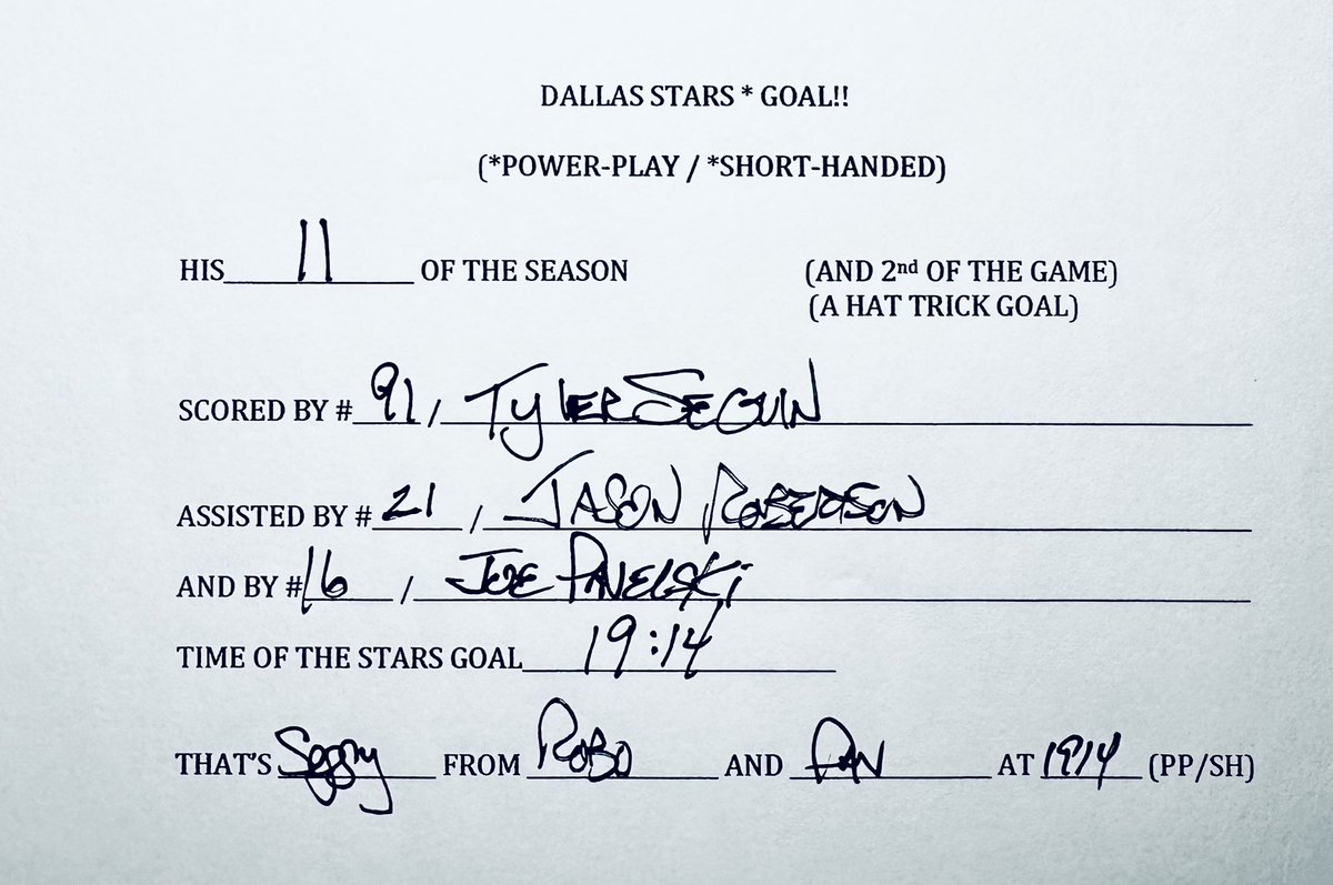 jeffk_stars's tweet photo. 🚨🚨 Dallas STAAAAAARS GOOOOOOOAL! His 11th of the season, scored by #91 TYLER SEGUIN! Assisted by #21 Jason Robertson &amp; #16 Joe Pavelski. Time of the #Stars goal; 19:14

Miro Heiskanen | Jake Oettinger | Roope Hintz | #NHLAllStarVote 

#CGYvsDAL     
#SeggySnipe 
#TexasHockey https://t.co/OSymAGHA0y