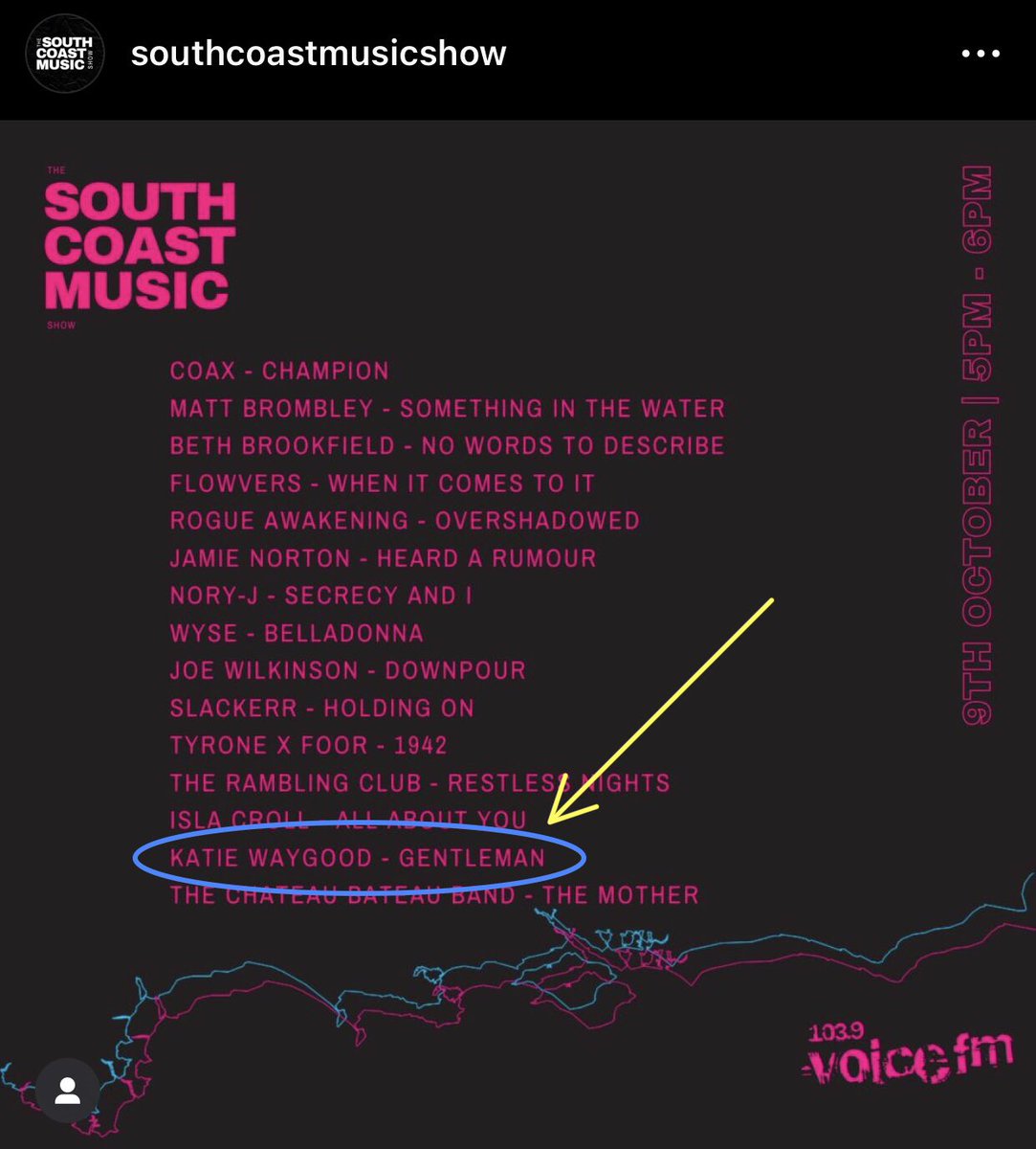 KWaygood's tweet image. Gentleman has been featured in the South Coast Music Show!
📻@voicefmradio 🧜🏻‍♀️ 
🎶 Gentleman - Katie Waygood

#southcoast #southcoastmusicshow #voicefm #radioplay #NewMusic #singersongwriter #independentartist #songwriter #musicartist #gentleman