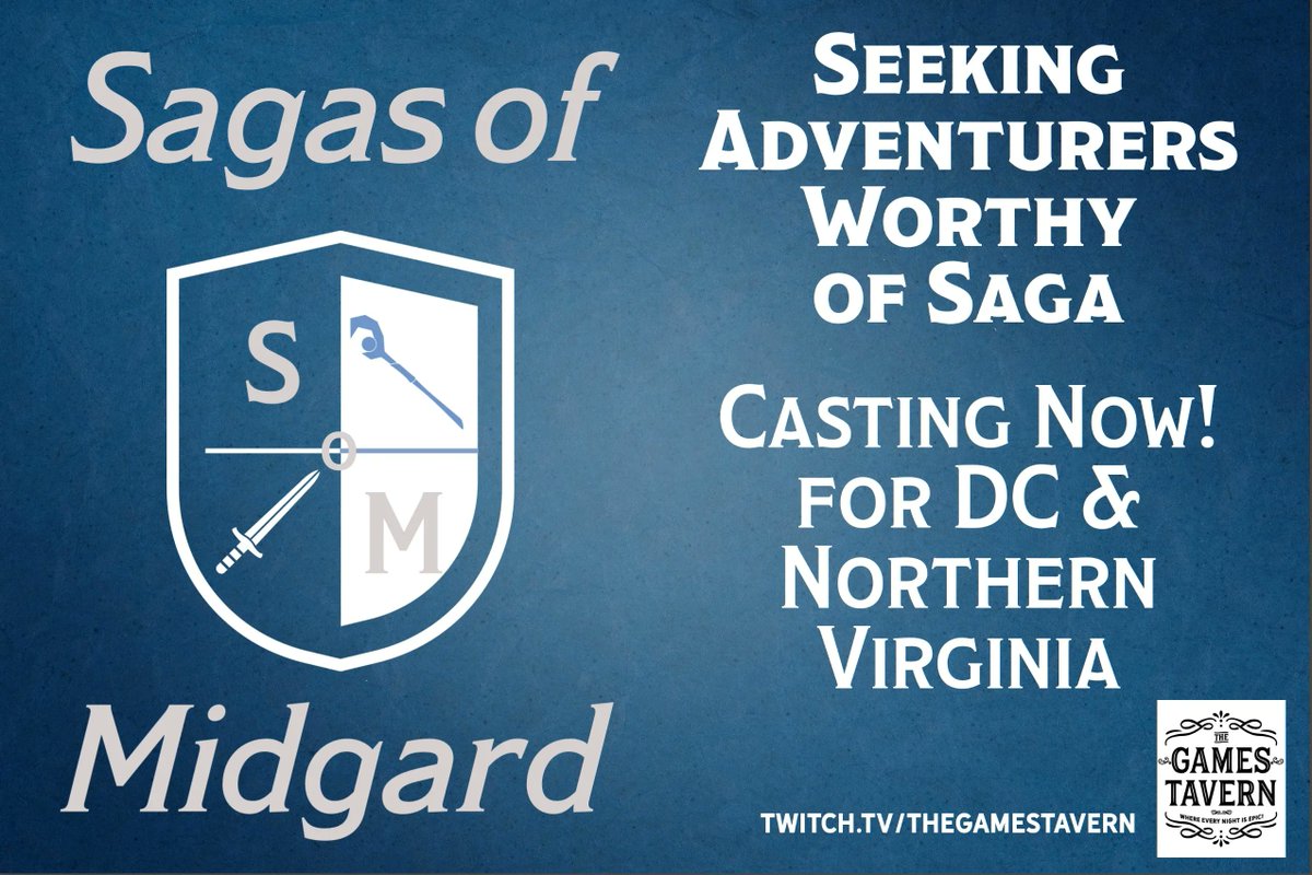 We want adventurers in DC Northern Virginia who love #ttrpg
for @sagasofmidgard streaming on <a href="/thegamestavern/">TheGamesTavern™️</a> 

Streamers wanted for high production value and engaging cast!

Start with the consideration doc here: buff.ly/3tBrYDY

#RaiseTheFlag #twitch #youtube #midgard