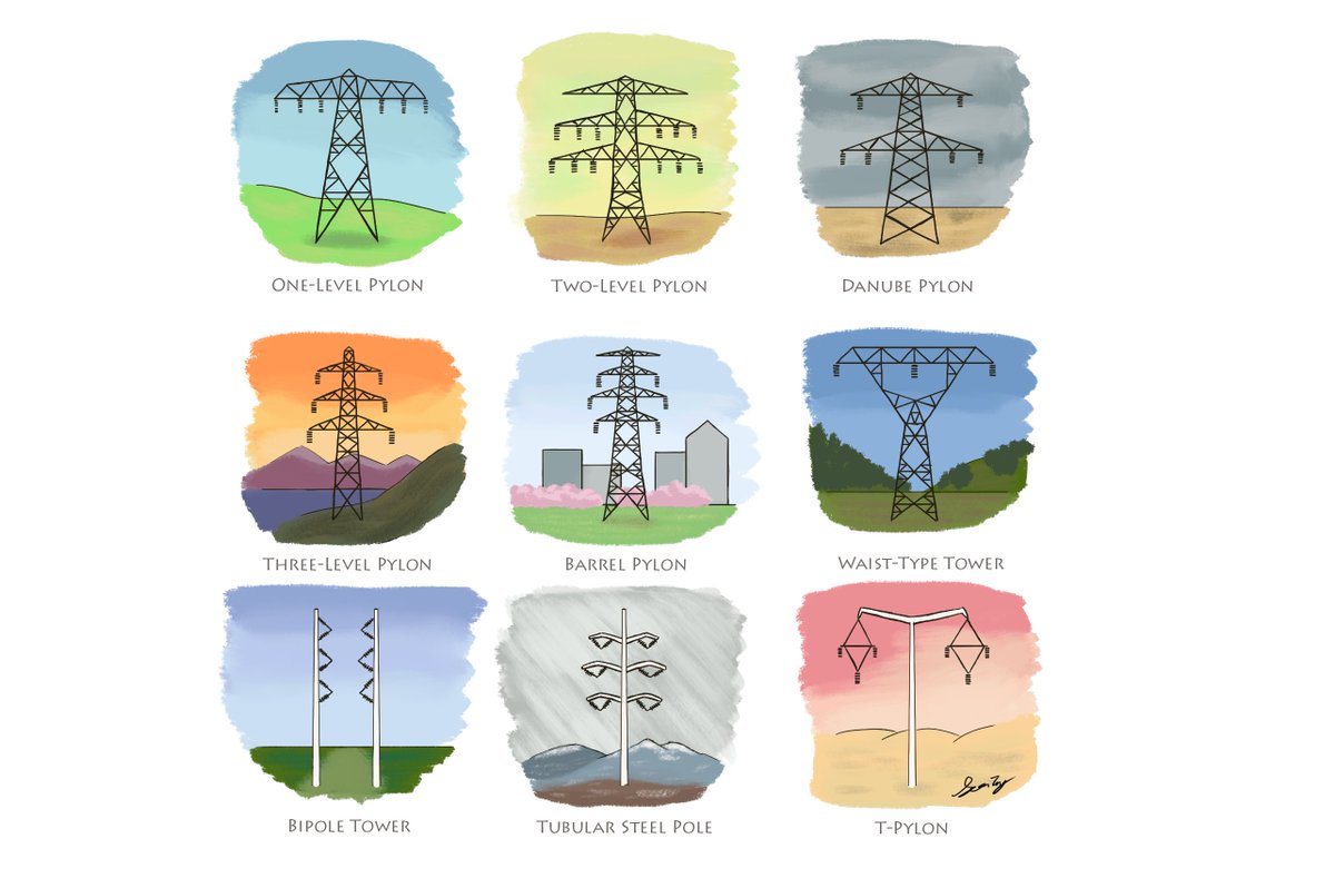 Various types of high-voltage transmission towers.

Painted by me a few months back. Just fixed the sky on the three uppermost panels so that it's no longer cut off, making the piece more suitable for actual display.