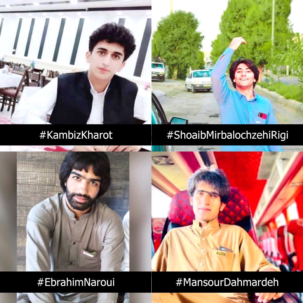 🚨At least 4 Baluchi protesters of the #IranRevolution have been sentenced to death on charge of 'waging war against god'
#KambizKharot(21),
#ShoaibMirbaluchzehiRigi(18), #EbrahimNarouei(25) & #MansourDahmardeh(22).
#کامبیز_خروت #شعیب_میربلوچزهی‌ریگی
#ابراهیم_نارویی #منصور_دهمرده