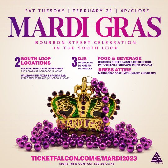 Mardi Gras Fat Tuesday in Chicago on Tuesday February 21st! You must RSVP for Free Entry.