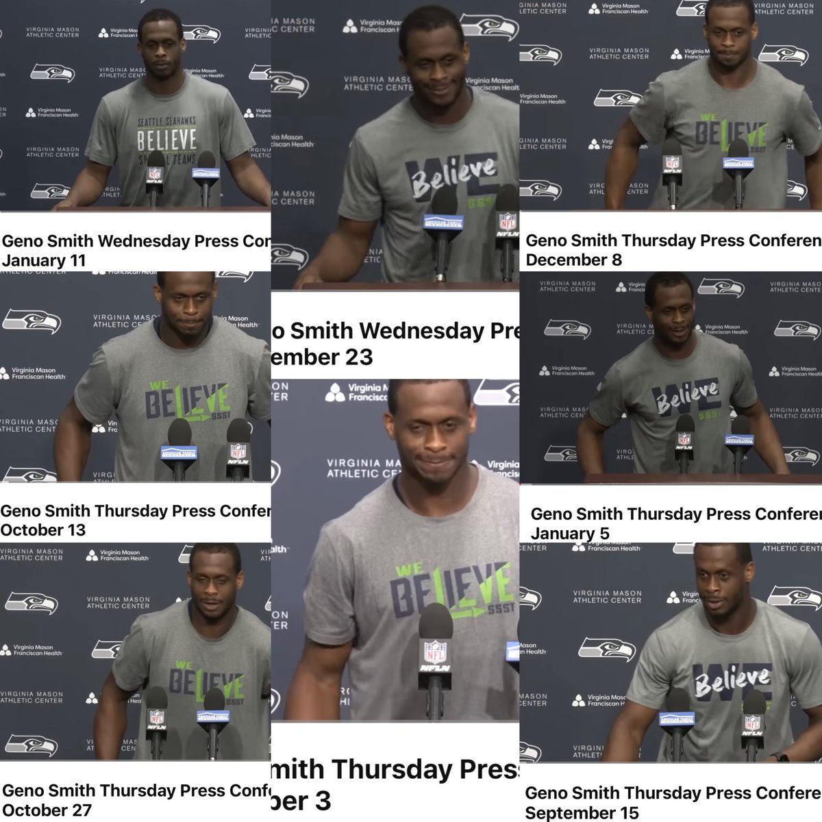 pnaciii's tweet photo. I haven't seen many talk about this but the entire season @GenoSmith3 has worn a #SeaBelieve shirt to all his pressers, if you're a fan that means everything! We Believe Geno!!! #GoHawks #Seahawks #12s #NFLPlayoffs #SEAvsSF @Seahawks https://t.co/kGYIOQlbsY