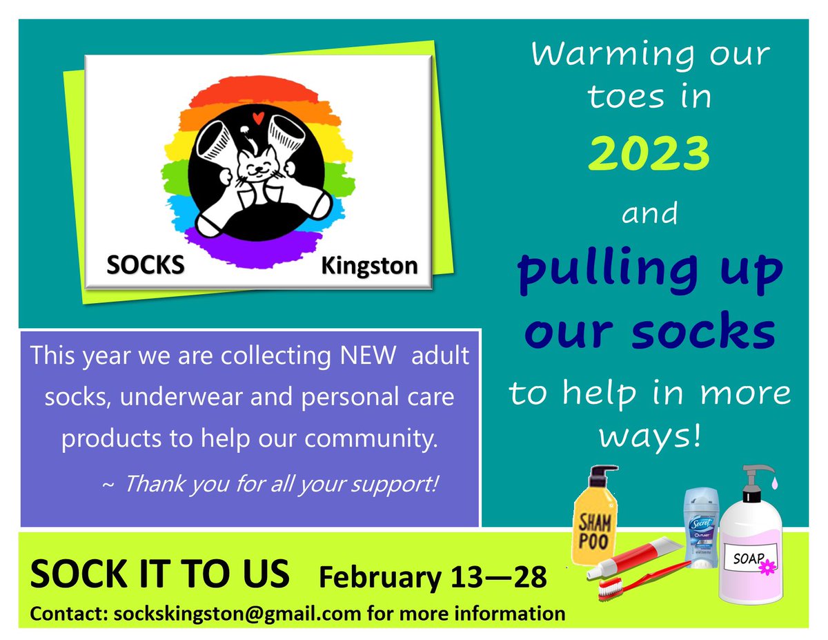 socks_kingston's tweet photo. Looking for a great team building event? Why not take part in our February new adult sock drive! Our stock is nil & we’re hoping to be ready for Spring & keeping feet dry & clean for those in need. Email sockskingston@gmail.com for more info! #ygk #dryfeet #givingback #adultsocks https://t.co/CdjxHUkunJ