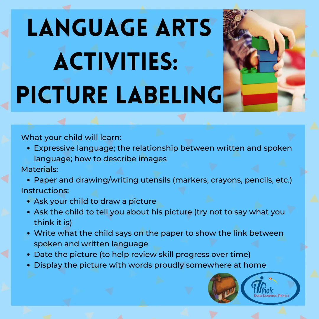 ielproject's tweet photo. Ask your child to draw a picture and to tell you about his picture. Through this picture labelling activity, you are helping build your child's expressive language.
#EarlyLiteracy #StandardsStartAtHome #SSAH #Bilingual #IllinoisEarlyLearning https://t.co/fM6Xr9eOnR