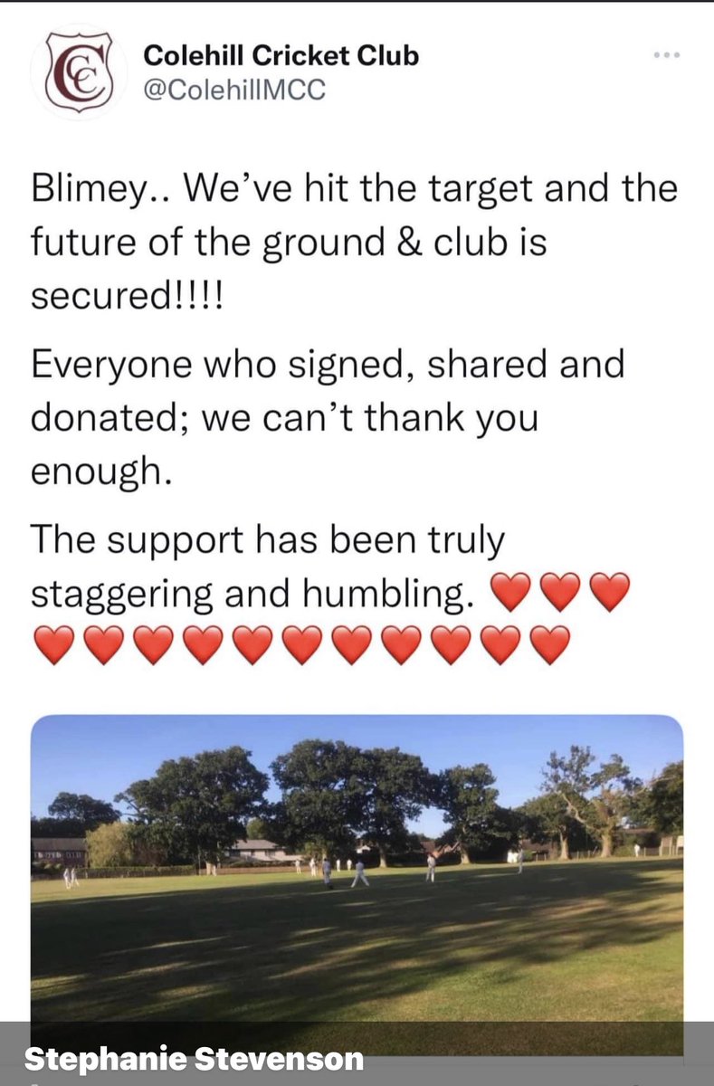 Steph_Stevenson's tweet photo. @piersmorgan thanks for your support happy to say the money was raised and  the club is safe cricket lives on in Colehil 👏 https://t.co/8t0BBLfxy4