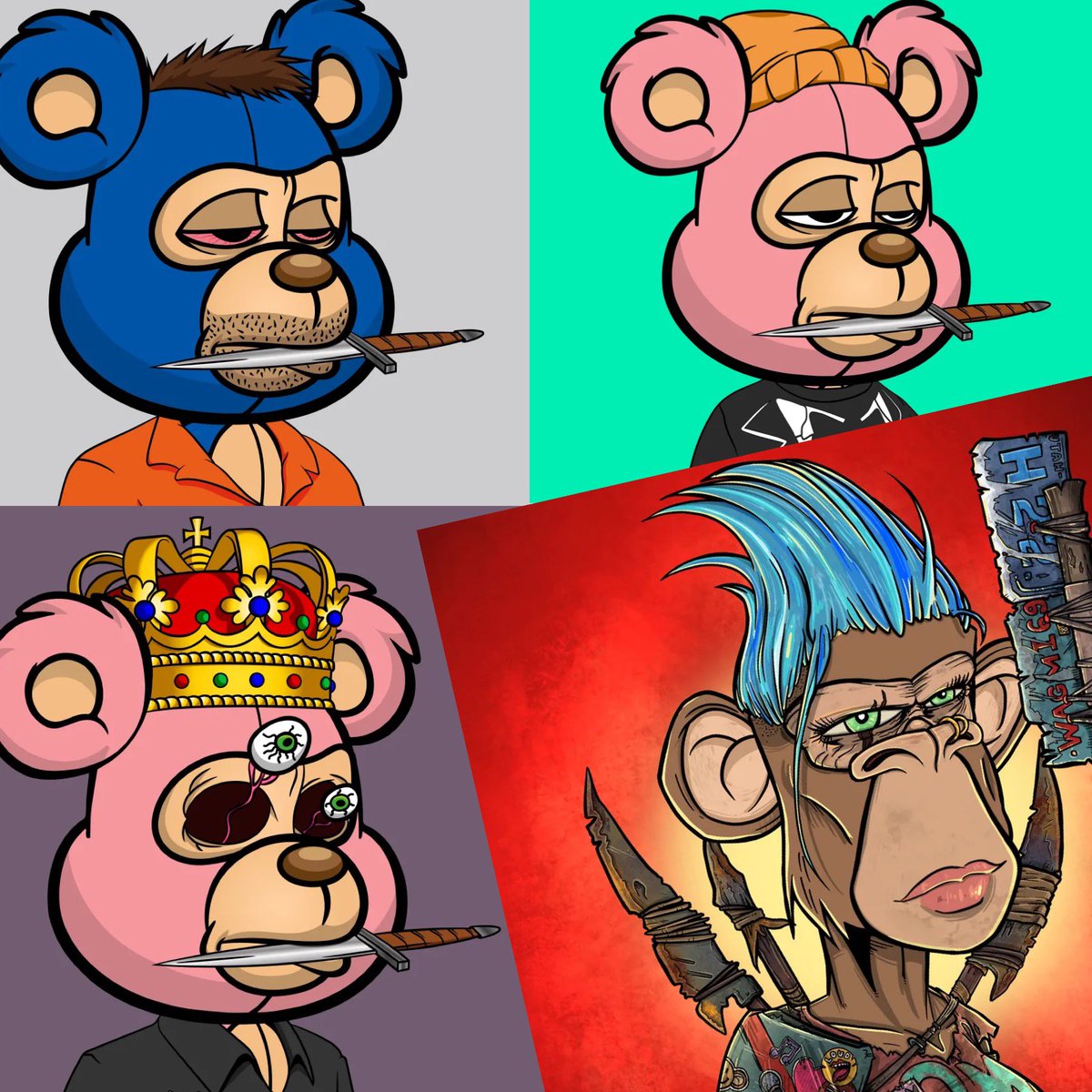 Aye Yo, @BoredTedYC, these bears showed up at the hospital with daggers READY👀! So cute, yet so gangsta🤭! #NFTCommunity, please note that the ONLY person permitted to tote a weapon at #NFTCH is this <a href="/AAPEQueens/">Apocalyptic Queen Apes 👑🦍</a> Head of Security! Don’t worry, SHE’S got ‘em. <a href="/apocalypticapes/">Apocalyptic Apes | 🦍</a>