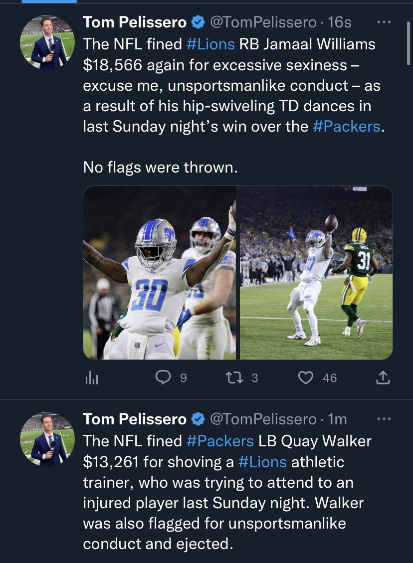 The NFL fined #Lions Jamaal Williams more for a celebratory hip thrust than they did Quay Walker (ejected) who shoved a #Lions athletic trainer