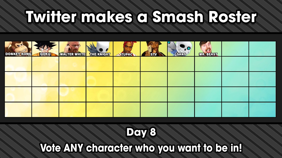 jacpixels's tweet photo. Sans and Mr. Beast have made it into the roster as Fighters #7 and #8!

VOTE WHO YOU WANT IN NEXT HERE ➡️ https://t.co/3Z1SCM6F6G https://t.co/G2W2EaaNRQ