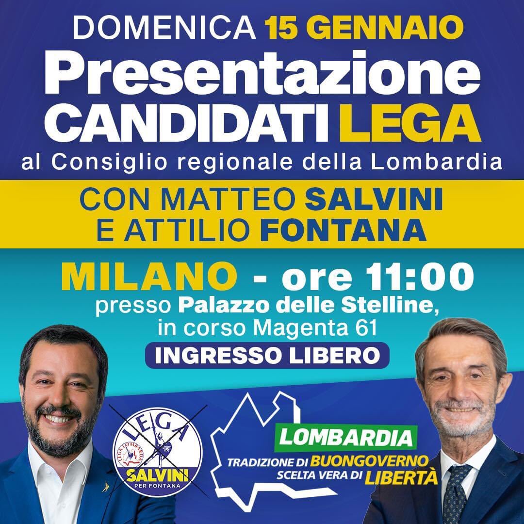 EttoreFusco's tweet photo. Domenica 15 gennaio alle ore 11:00 saremo al Palazzo delle Stelline insieme a Matteo Salvini e Attilio Fontana per la presentazione dei candidati della LEGA al Consiglio Regionale della Lombardia, non mancate! #FontanaPresidente https://t.co/naTGOrOSX7