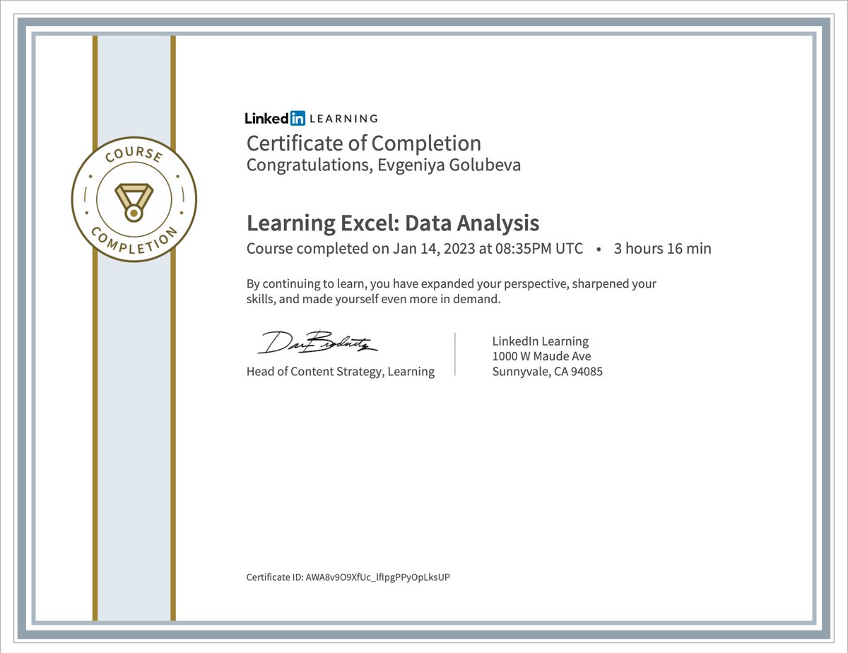 Finished my first course for the year 👩‍💻 “Learning Excel: Data Analysis” by Curt Frye! Check it out: lnkd.in/eFrrN5Gy #microsoftexcel.
