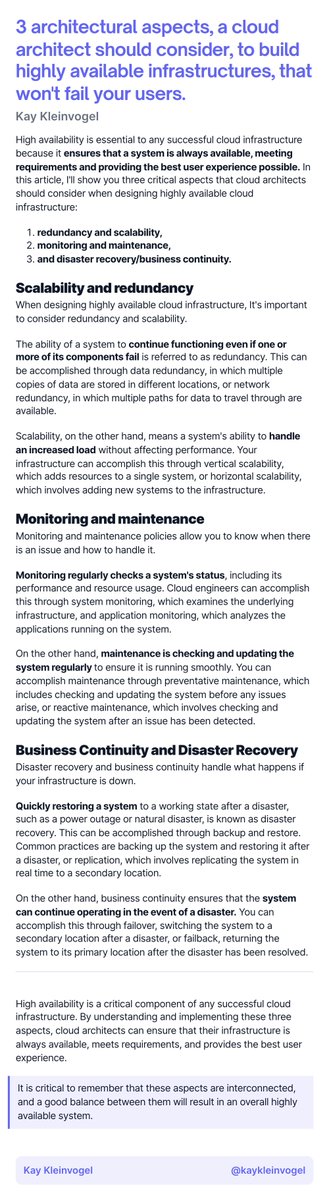 Want to ensure your #cloud infrastructure is always available?

Don't forget the following 3 aspects:
- Scalability/Redundancy
- Monitoring/Maintenance
- Disaster Recovery/Business Continuity

#cloudarchitecture #cloudcomputing #consultant #ship30for30