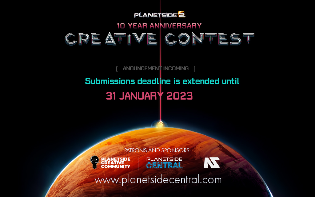 PS2Central's tweet photo. [ANNOUNCEMENT]: We hear you! The Anniversary Contests submission deadline is extended until the end of January!
https://t.co/ESV96fnb8C

@planetside2 @WrelPlays @ALapidis @DBG_Bishop @hrsanchez_RPG @CAMIKAZE78  @StarcraftWinter
#Planetside2 https://t.co/pnncUNKEnb