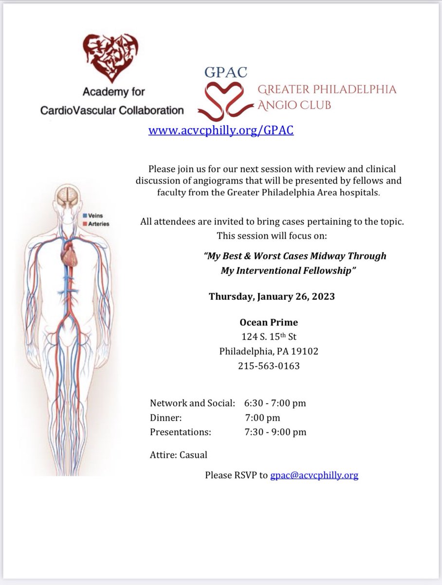 Phila Angio Club (@gpangioclub) on Twitter photo Happy New Year! We’re kicking off 2023 with our first #AngioClub on Thursday January 26 <a href="/OceanPrimePHL/">OceanPrimePhilly</a>. Join us in-person for case discussions from various programs in <a href="/PhiladelphiaGov/">City of Philadelphia</a>.
<a href="/ACVCPhila/">Academy for CardioVascular Collaboration</a> <a href="/ReVascMed/">ReVascMed</a> <a href="/jcgeorgemd/">Jon George</a> @AVishnevsky_MD @sahbanka <a href="/ericgnall/">Eric</a> <a href="/VladLakhter/">Vladimir Lakhter</a> Happy New Year! We’re kicking off 2023 with our first #AngioClub on Thursday January 26 <a href="/OceanPrimePHL/">OceanPrimePhilly</a>. Join us in-person for case discussions from various programs in <a href="/PhiladelphiaGov/">City of Philadelphia</a>.
<a href="/ACVCPhila/">Academy for CardioVascular Collaboration</a> <a href="/ReVascMed/">ReVascMed</a> <a href="/jcgeorgemd/">Jon George</a> @AVishnevsky_MD @sahbanka <a href="/ericgnall/">Eric</a> <a href="/VladLakhter/">Vladimir Lakhter</a>