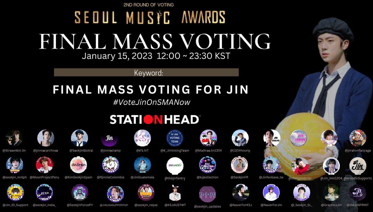 🔔 Mass Trending-Voting Event 🔔 Join us for a mass voting, streaming, and trending event hosted by Jin Global Fanbases! 🎙️: stationhead.com/allforjin Get 500 💛's on twitter and 1,000 💛's on Stationhead listeners. 🎁 Keywords: FINAL MASS VOTING FOR JIN #VoteJinOnSMANow