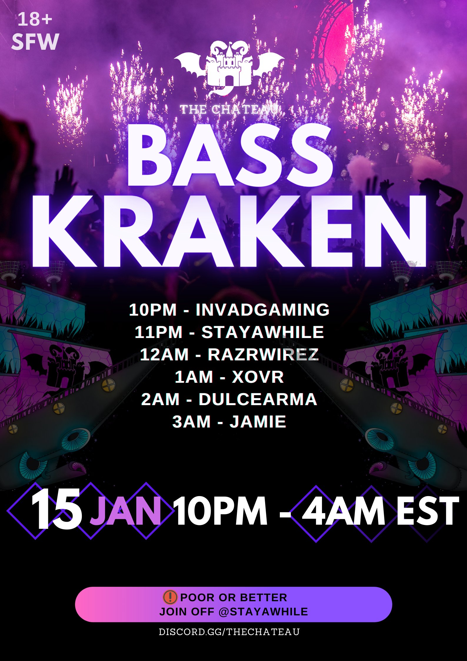 Bass Kraken @ The Chateau on X: Whew talk about a late notice! Bass Kraken  1/15 10PM EST! Join us on this spectacular night as we venture outside our  own seas. Bringing