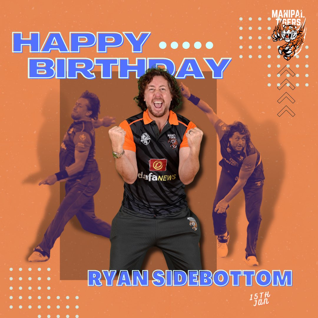 manipal_tigers's tweet photo. A roaring happy birthday to our most energetic bowler @RyanSidebottom 🥳

#HappyBirthday #HBD #RyanSideBottom #SideBottom #Cricketer #Bowler #LLCT20 #ManipalTigers @llct20 https://t.co/u7K6RTQ6no