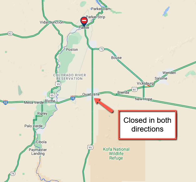ArizonaDOT's tweet photo. *CLOSURE*
US 95 is CLOSED in both directions near Quartzsite.
The closure is due to a crash at milepost 102.
Expect delays and seek an alternate route.
There is no estimated time to reopen the highway.
#aztraffic #US95 https://t.co/7FjyY7B2Od