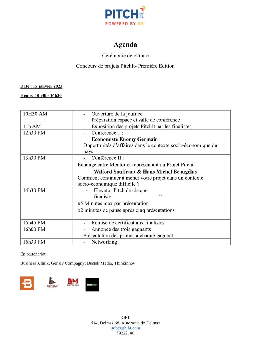 marcalainb's tweet photo. Bonsoir. Demain (15 janvier) @GbiHaiti organise un concours de Pitch qui se passe à Banj. La présence de potentiels investisseurs est très souhaitée (vers 2:00 PM). 

Je leur ai demandé la liste des startups que je partage avec vous avec vidéo de présentation à l’appui. https://t.co/vUwhgRUHC8