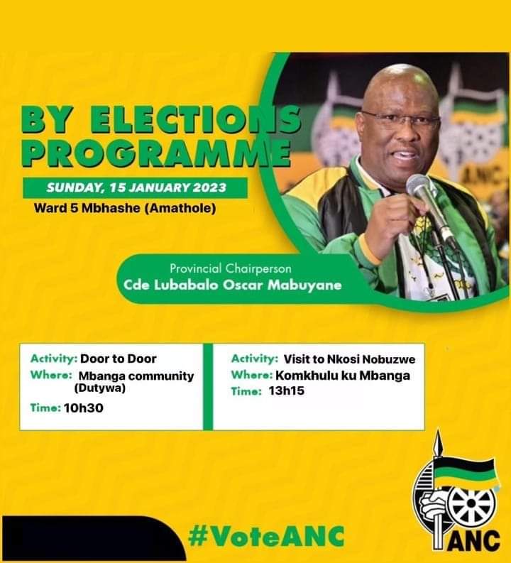 Today ANC EC Chairperson Cde Lubabalo Oscar Mabuyane will be leading  election campaign trail @ Ward 5, Mbhashe, Amathole Region to galvanize support for by election set to take in the area on  25 January 2023.
<a href="/MYANC/">ANC - African National Congress</a>
<a href="/GerryMvoko/">Mlungisi Mvoko</a>
<a href="/LulamaNgcuka/">Ngcuks & Ngcuks</a>
<a href="/chumanitunyiswa/">TheGhost👻</a> 
<a href="/tassarawilson/">Tasara W Makamure 🇿🇼🇿🇦</a>