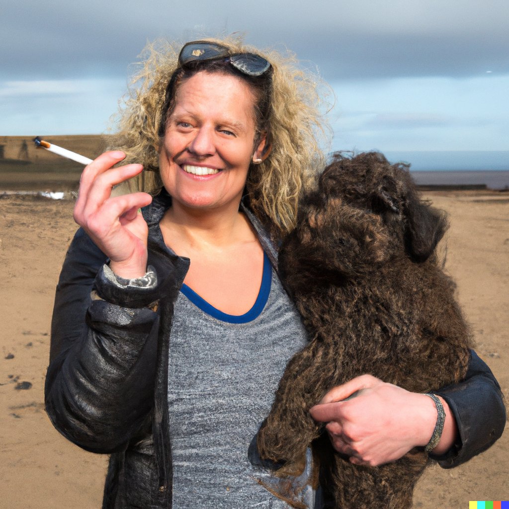 2022: Party fast vorbei und der Rest schaut YouTube-Videos zum runterkommen. 
2023: #dalle2 macht in der Runde mit ein paar Bierchen auch Spaß: "A northern english mother holding a labradoodle with a cigarette in her mouth on a dirty beach" 
#openai