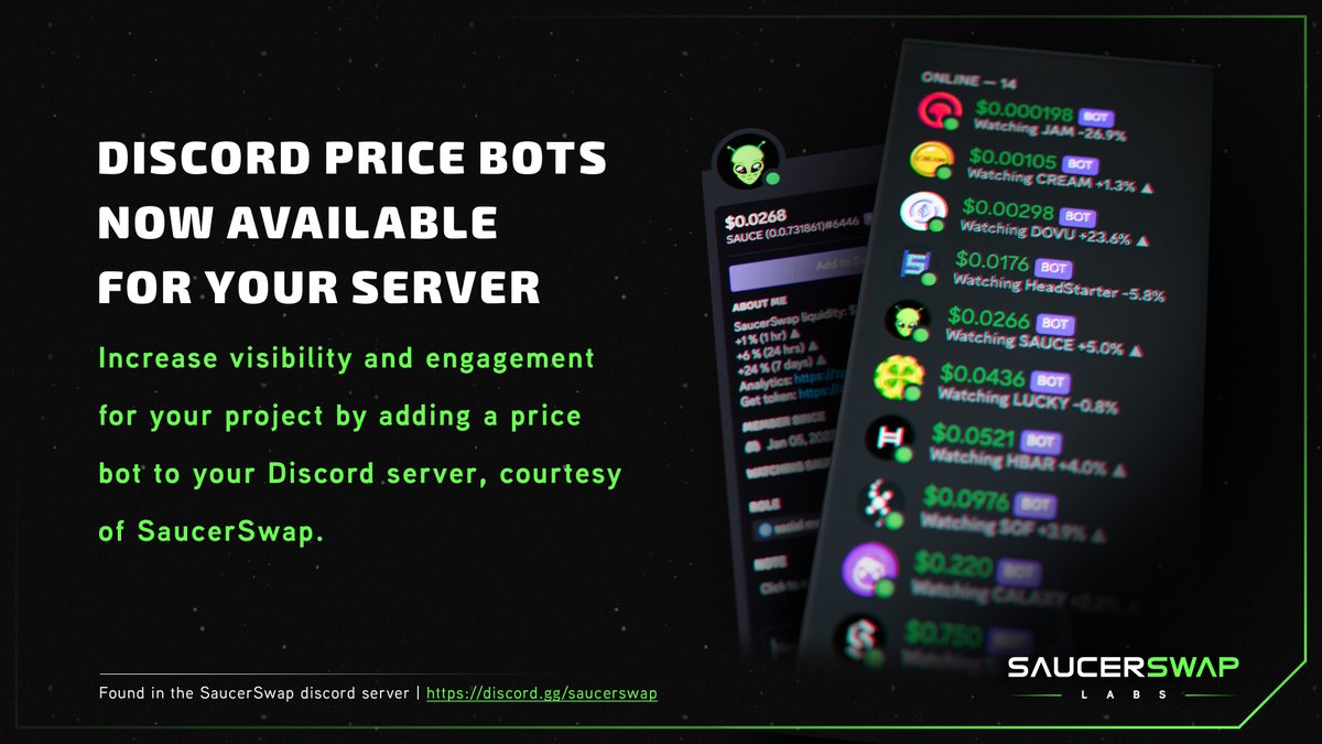 DISCORD PRICE BOTS ARE NOW AVAILABLE

We are excited to announce that Discord price bots for all tokens on SaucerSwap's default list are now available! 

Token creators – add these price bots to your server to increase visibility for your token👀

👉discord.gg/saucerswap