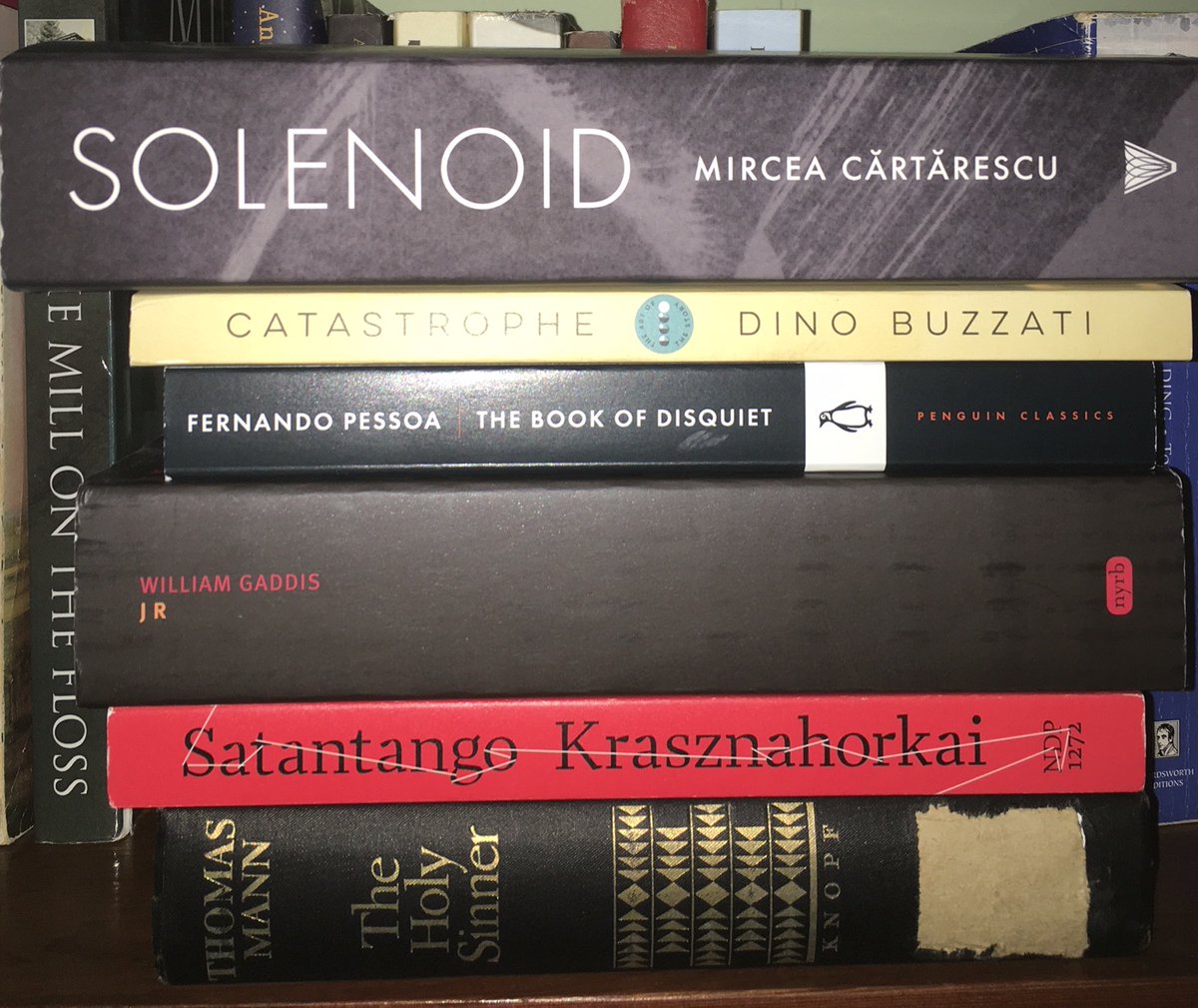 ogrosity's tweet photo. This is my to be read pile, top to bottom. Just finished The Books of Jacob by @tokarczuk_olga so moving onto SOLENOID is knee-softening to say the least  @goodreads @LitChat @The_Millions @The_Rumpus https://t.co/G2rGkLx2l7