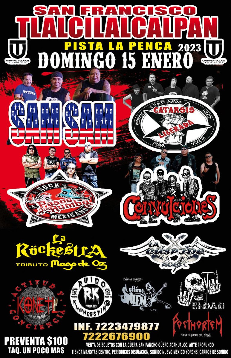 Rock_Urbano's tweet photo. 15 de Enero 2023 / Pista La Penca / San Francisco Tlalcilalcalpan
#SamSam
#CatarsisLiberada
#PasosSinRumbo
#Convulciones
#LaRockestra
#LaCúspideRock
#UltimoSueño
#Konetl
Y más
#TocadaSanFranciscoTlalcilalcalpan #TocadasRockUrbano #RockUrbano #RockNacional #RockMexicano https://t.co/Xv29EPeugF