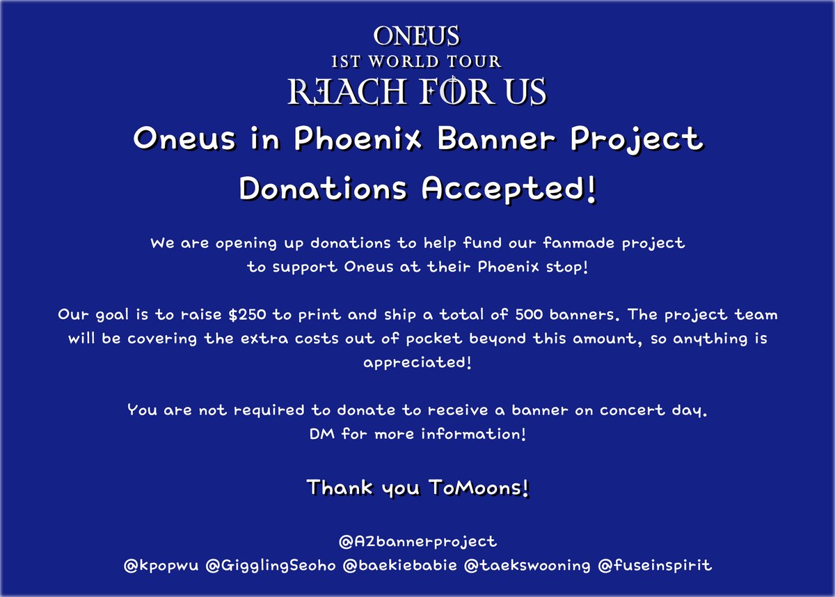 AZbannerproject's tweet photo. Oneus in Phoenix BANNER REVEAL!
We are also opening up donations to fund our project! Read below for more info. Thank you ToMoons and can't wait to meet you all in February!
 
#ReachForUs_inPHX
#ONEUS #TOMOON #ONEUSinUS #REACH_FOR_US #1stWorldTour https://t.co/dTYPSTWhv3