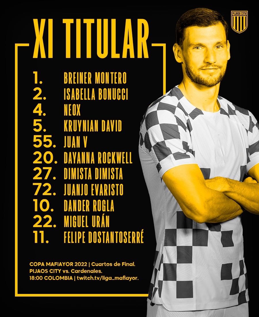 Este es el 1️⃣1️⃣ #Titular de Pijaos City para la gran final de ida de la #CopaMafiayor 

A Dejarla toda muchachos, vamos por ese título 🧡💛🔥!!

⏰️ 7:15 P.M 🇨🇴 9:15 P.M 🇦🇷

#SoyPijao #SoñemosJuntosHp 🙏🏿