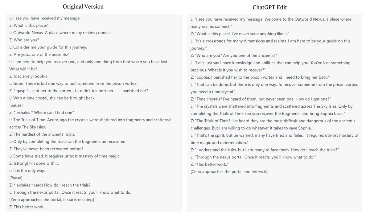 I asked #ChatGPT to edit the intro custscene to Time Master - an exchange between Zeno and a mysterious voice. Results below. I might be biased, but I actually prefer the original. Which one do you prefer?

#indiegames #indiegame #indiedev #IndieGameDev #PCGaming