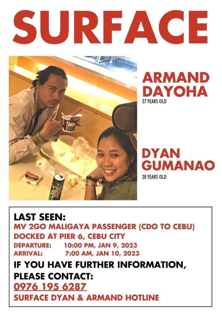 KeithHumanPH's tweet photo. Looking for 𝗪𝗜𝗧𝗡𝗘𝗦𝗦𝗘𝗦 who may have been on the same trip as Dyan and Armand, or who have seen the couple, or who have connections to higher ups in 2GO Travel Philippine Coastguard Region 7 Philippine National Police Maritime Industry Authority PCR Maritime Cebu https://t.co/P7mN8o6ui1